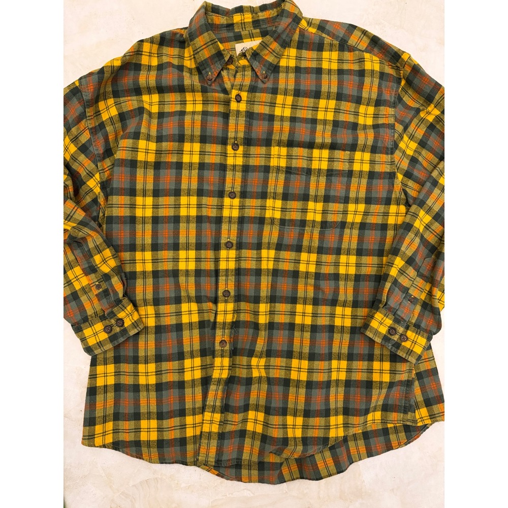 Eddie Bauer Mens XXL Yellow Green Plaid Flannel Shirt Long Sleeve Cotton M231